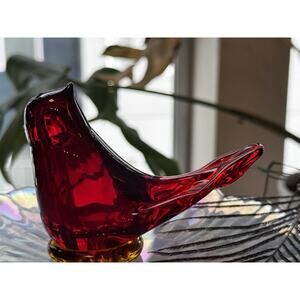 Red Glass Bird | Amber Base | Leo Ward Style | Art Glass | Vintage Kitsch |
